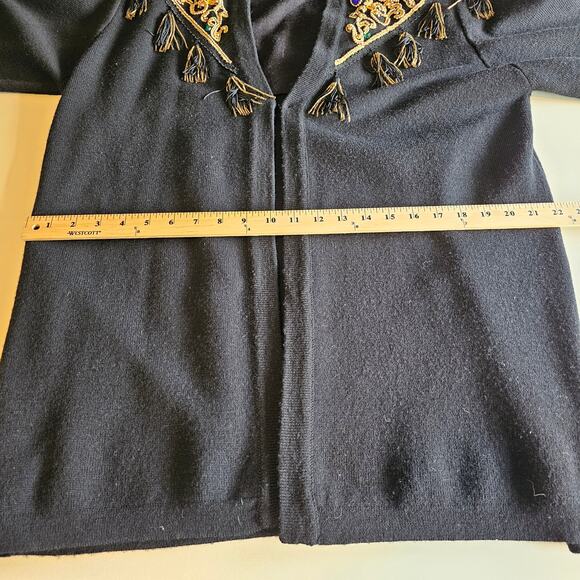 Vintage Diane Freis Jeweled Tasseled Embroidered Black Wool Cardigan Size L/XL - Picture 7 of 10